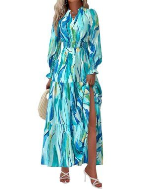 PrettyGarden Women's Floral Blue Sleeve V Neck A Line Flowy Maxi Long Dress
